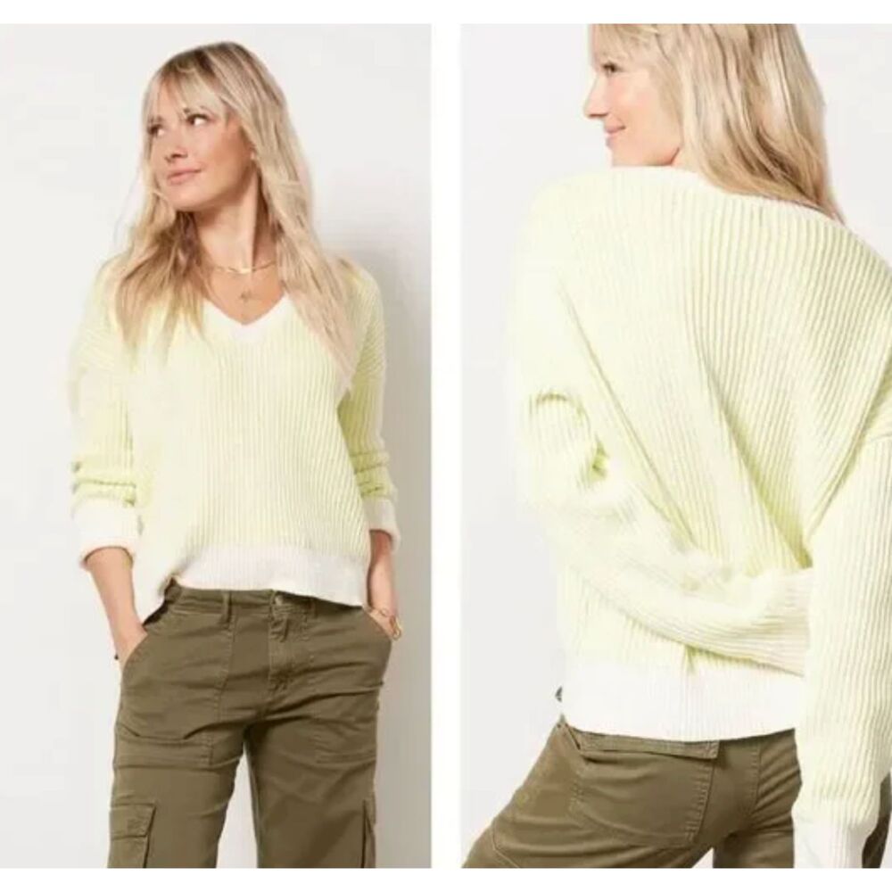 Evereve Riane V Neck Pullover Sweater Neon Yellow White Sz Medium